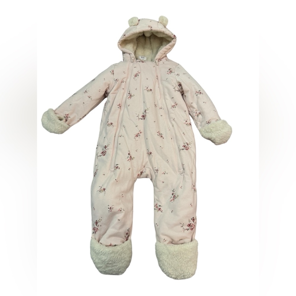 Baby Gap Floral Bear Hood Sherpa Lined Snowsuit 6 12M Pink